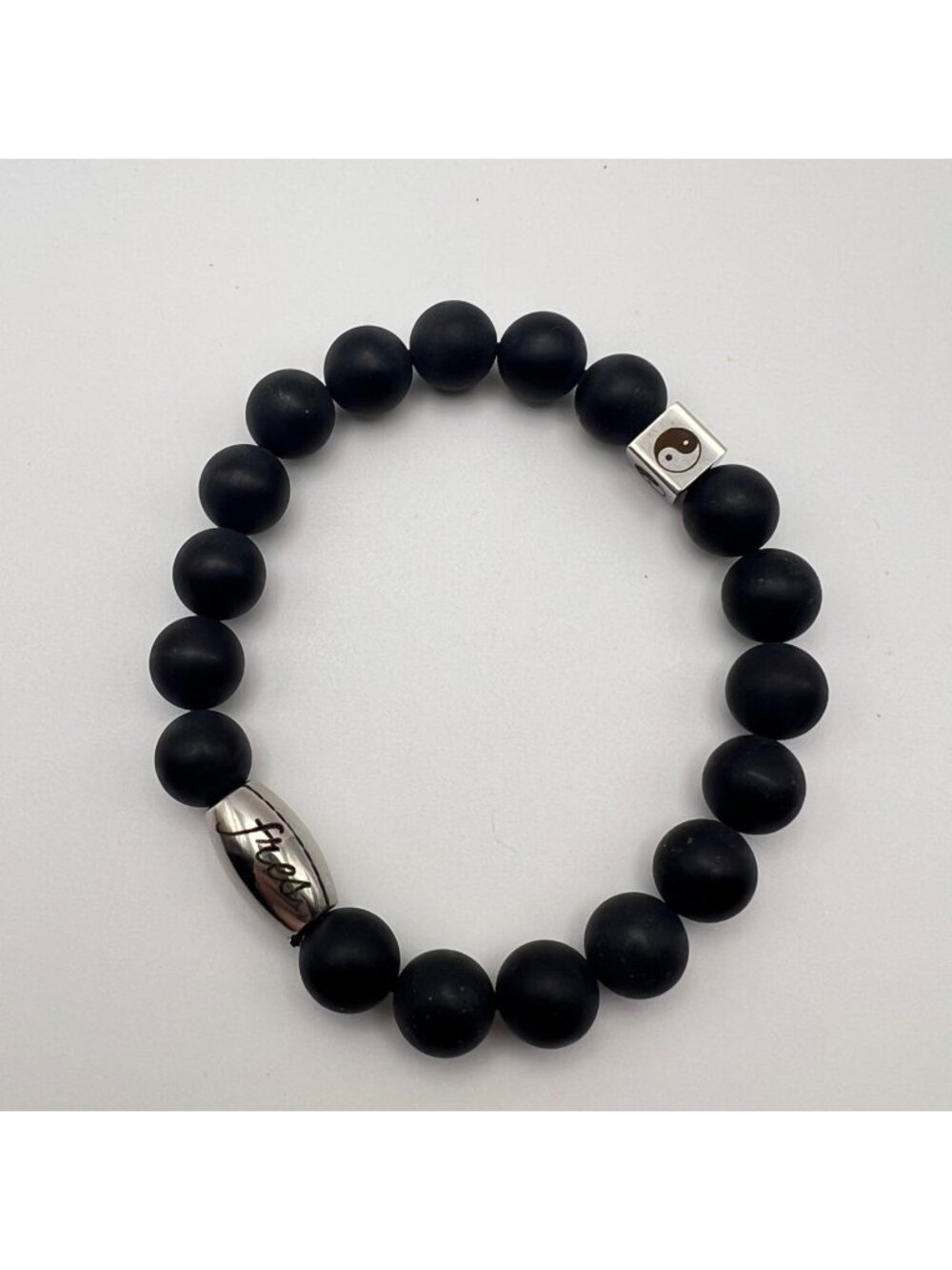 Black Onyx Bracelet Yin-Yang Fres Engraved Silver Accents 10mm 37.81g Unisex